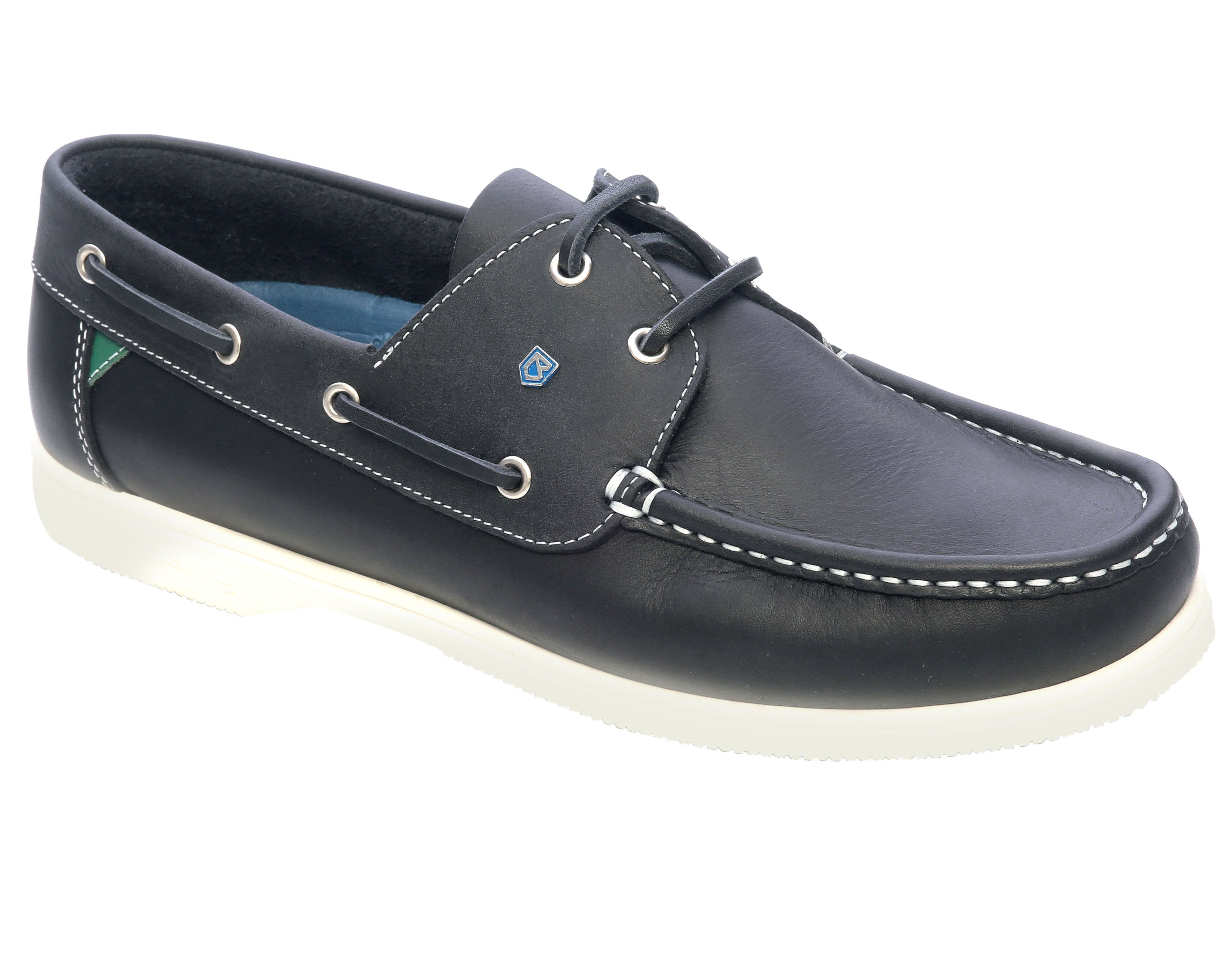 Dubarry Admirals Dubes navy leather deck shoe angled view