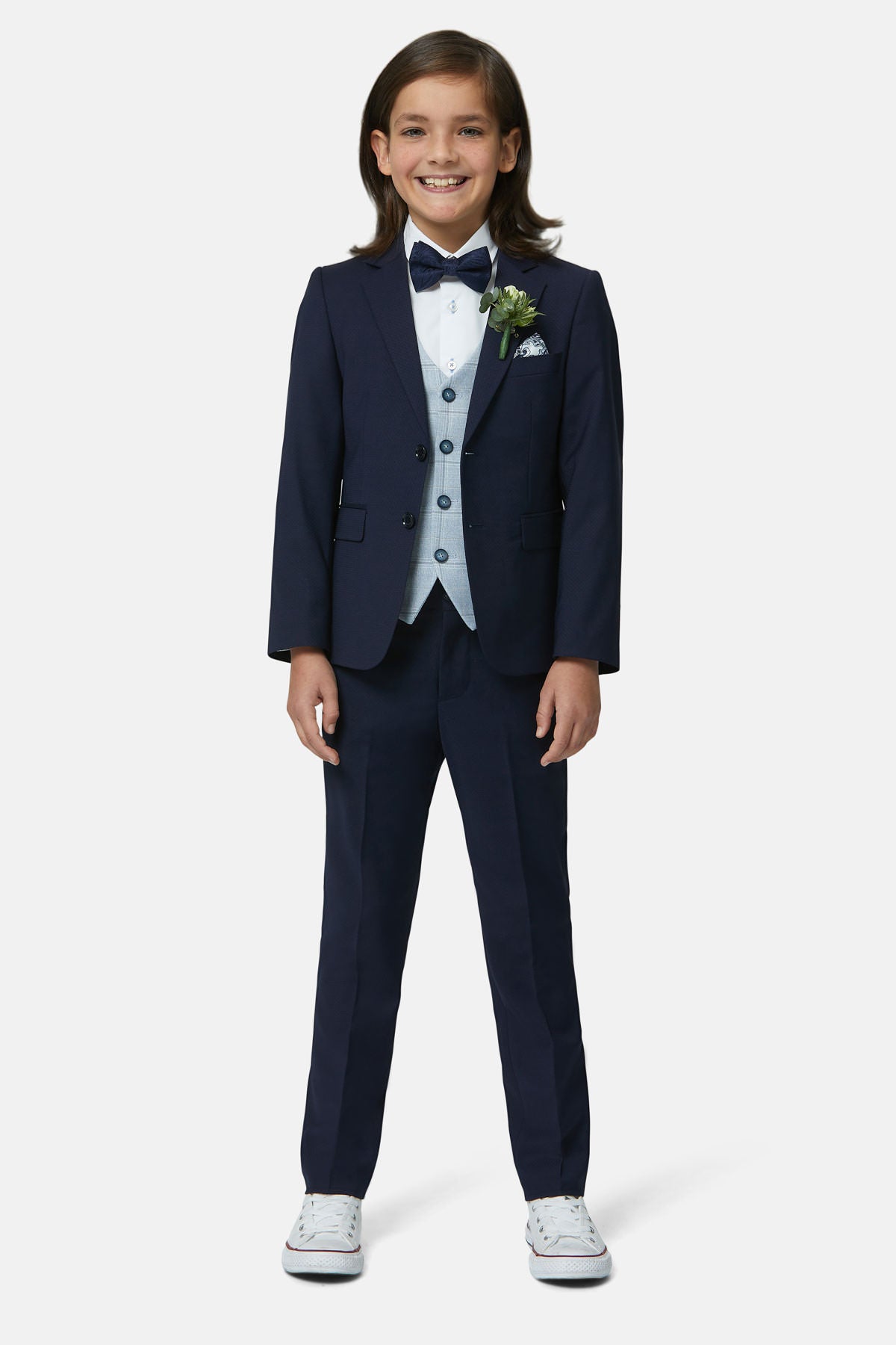 Boys Andrew Sky Check Waistcoat-Full model view with Peter Ink