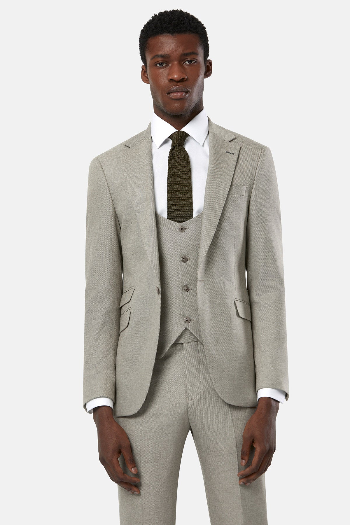 TRAVIS BENETTI Zac 3 Piece Stone Suit STONE model front view