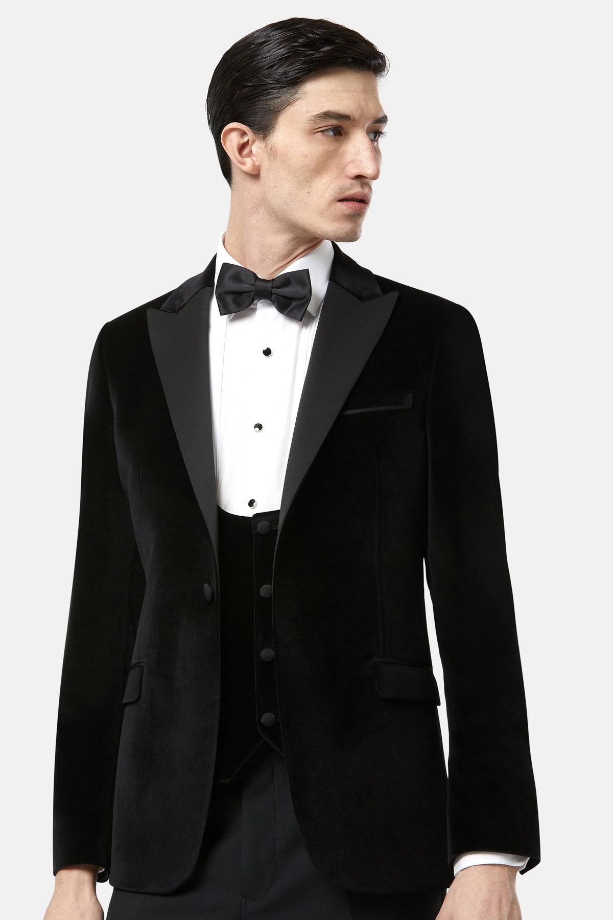 Front view of Jasper black velvet tuxedo waistcoat