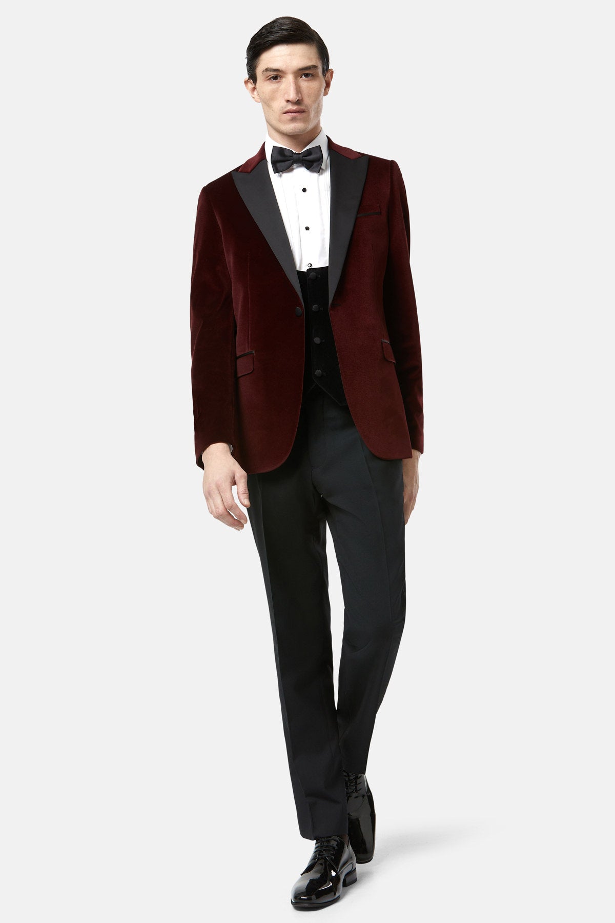 Jasper Burgundy Velvet Tapered Jacket-Full lenght model view