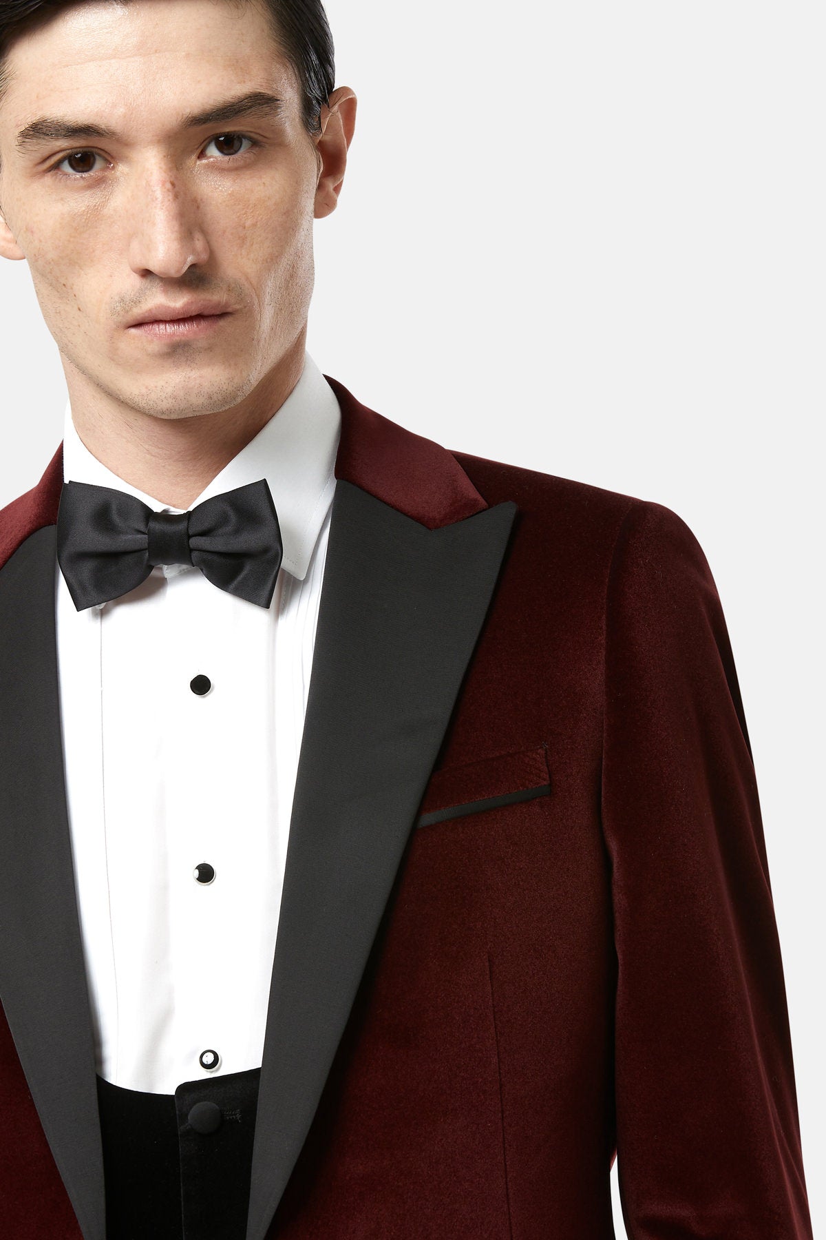 BENETTI Jasper Burgundy Velvet Tapered Jacket Burgundy model front view