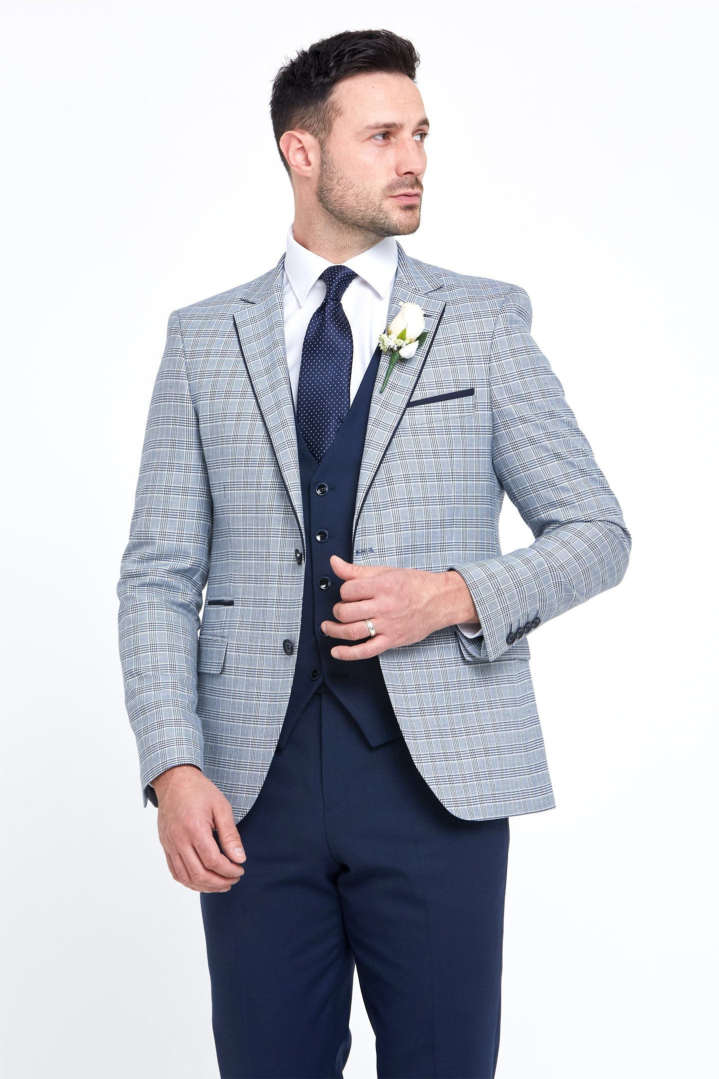 Raymond Navy Check Tapered Fit Wedding Blazer-Close up view