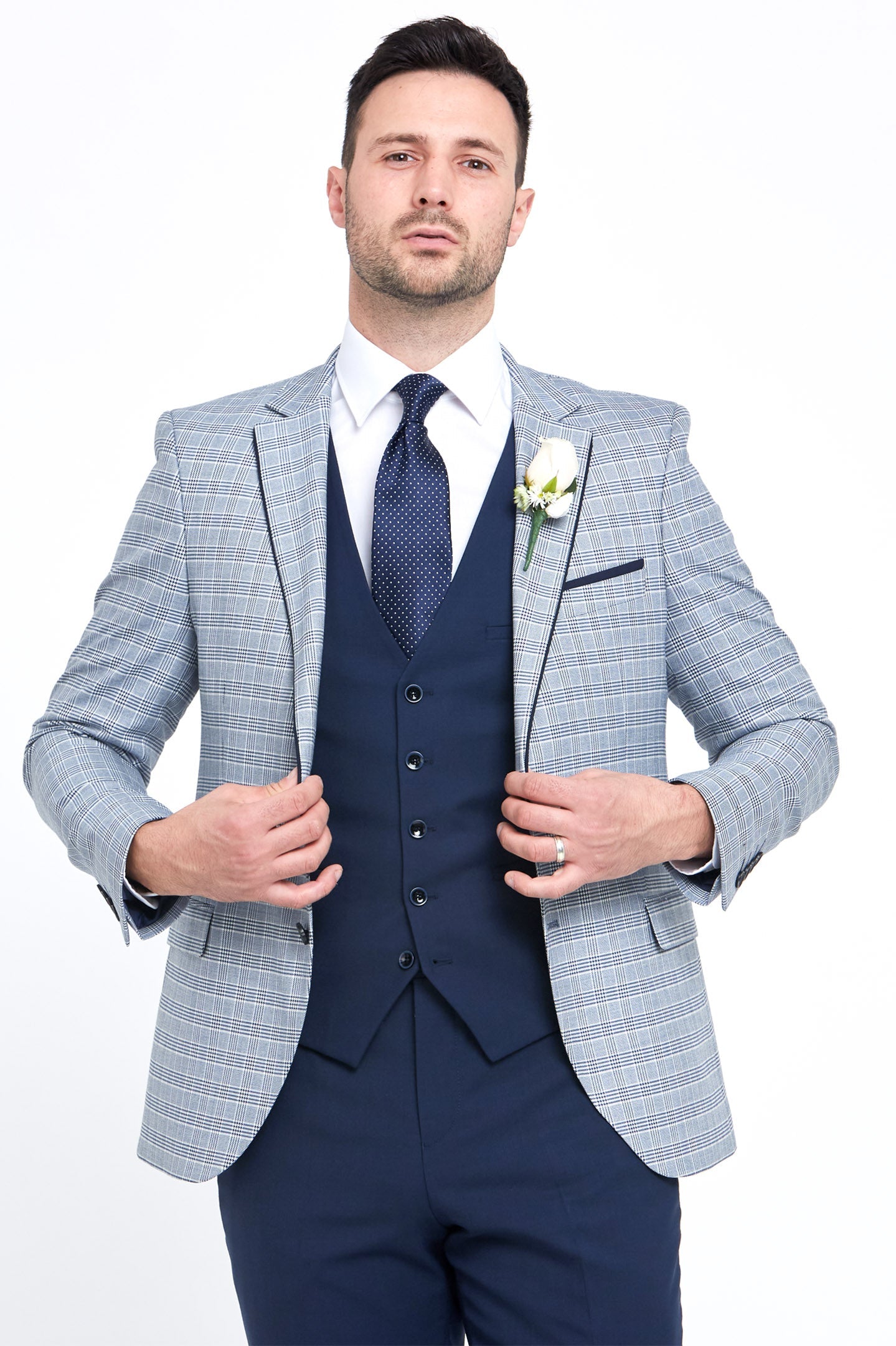 Raymond Navy Check Tapered Fit Wedding Blazer-Open View