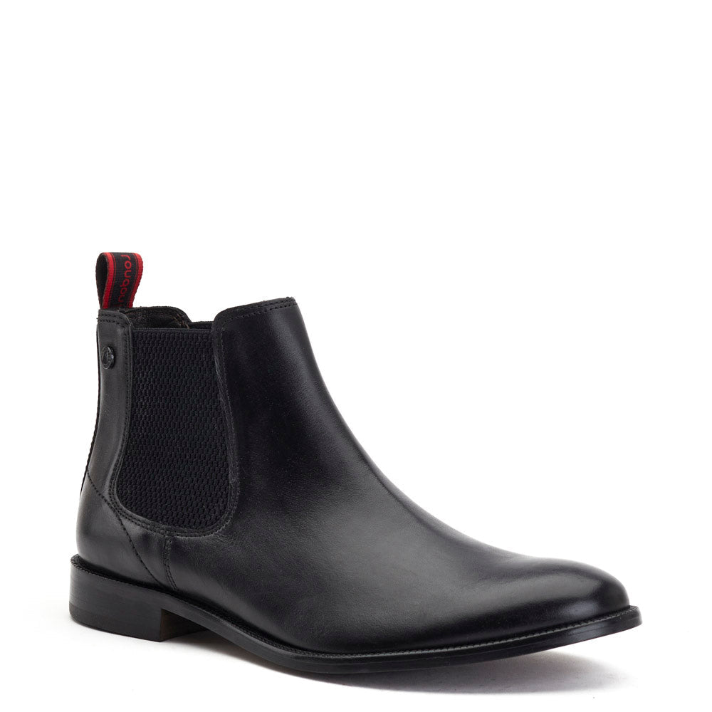 BASE LONDON Carson Black Burnished Chelsea Boot Black model front view