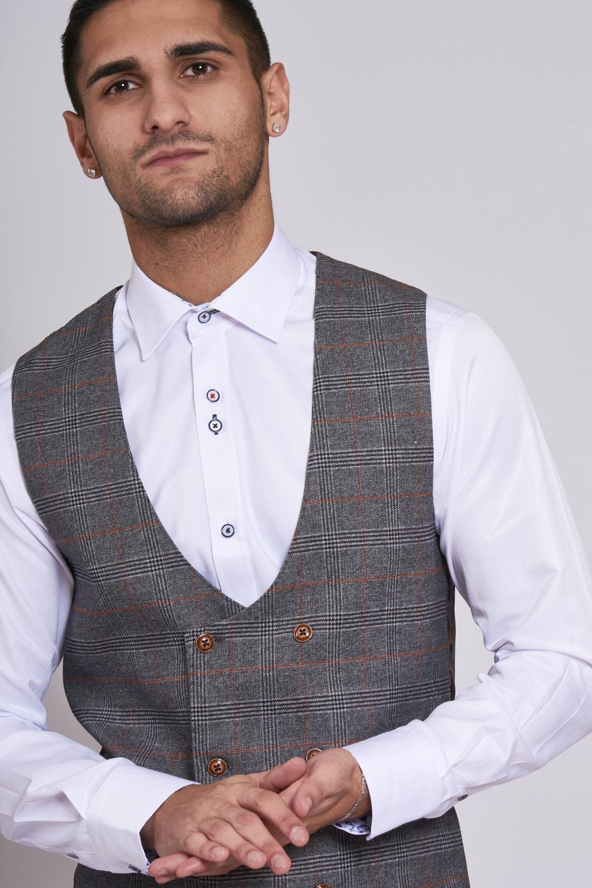 MARC DARCY Jenson Grey Check Waistcoat Grey Check model front view