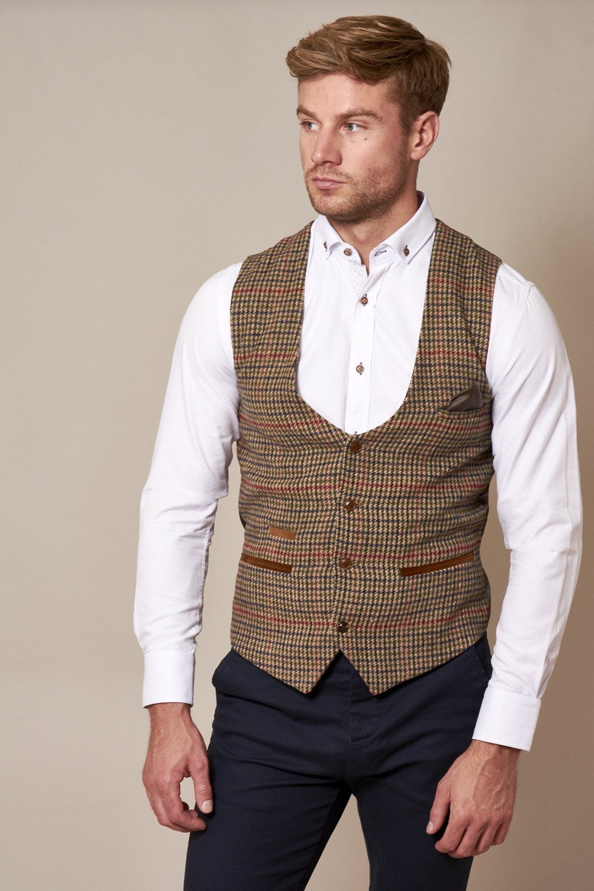 MARC DARCY Edward Olive Green Check Tweed Waistcoat Olive Green Check front view