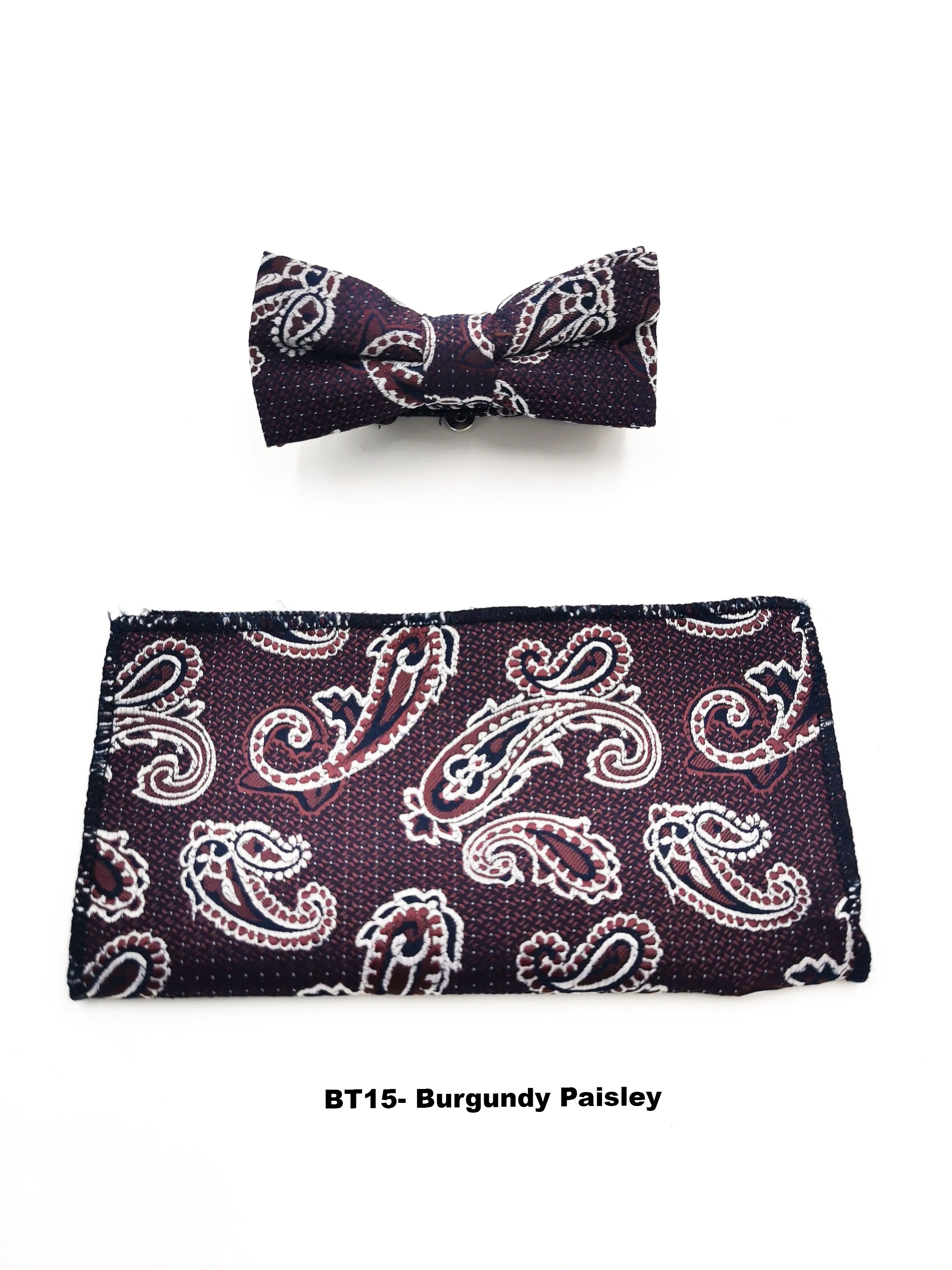 Benetti Kid Bow Tie & Pocket Square-Burgundy Paisley