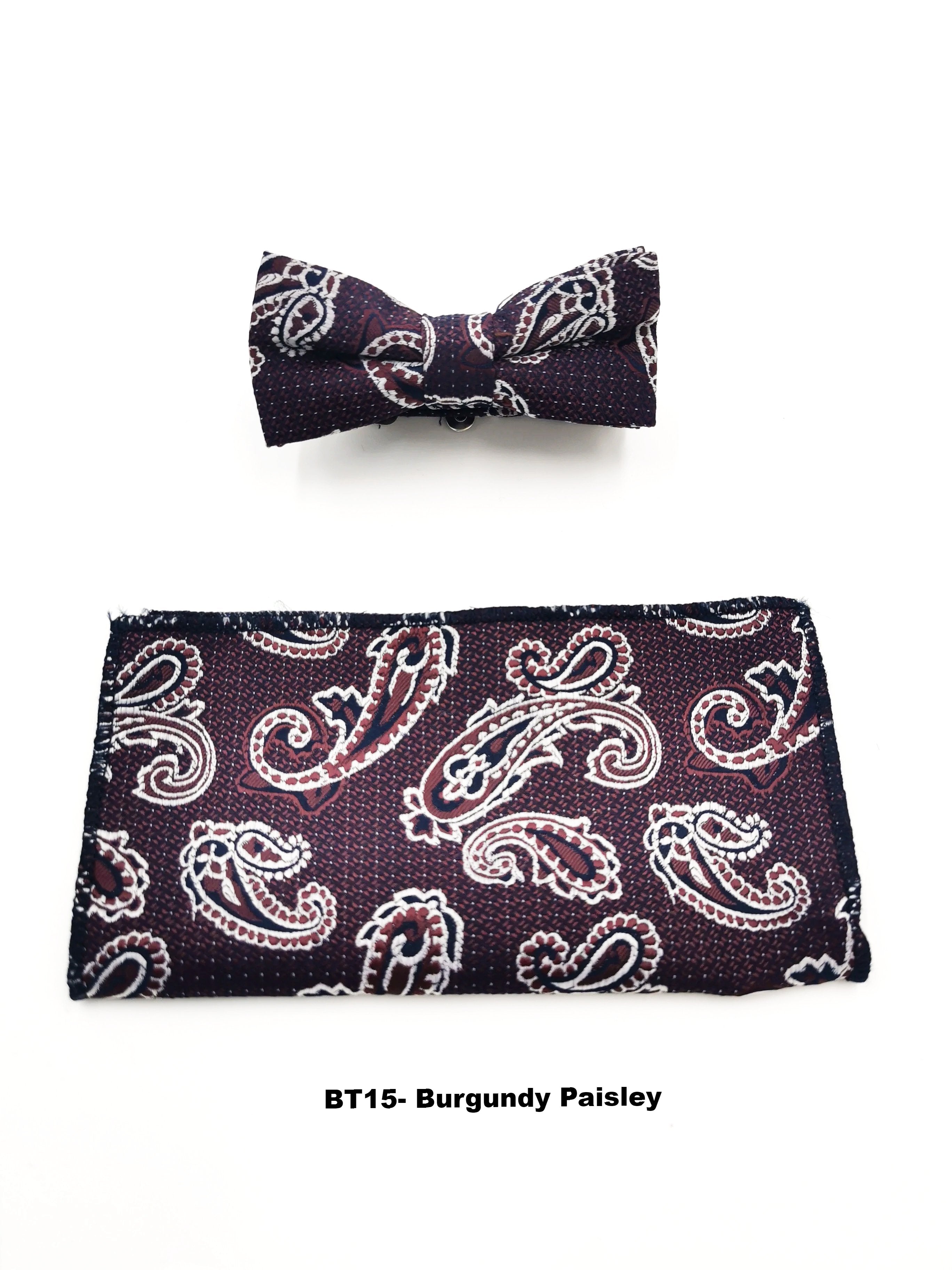 Boys burgundy paisley bow tie and pocket square set