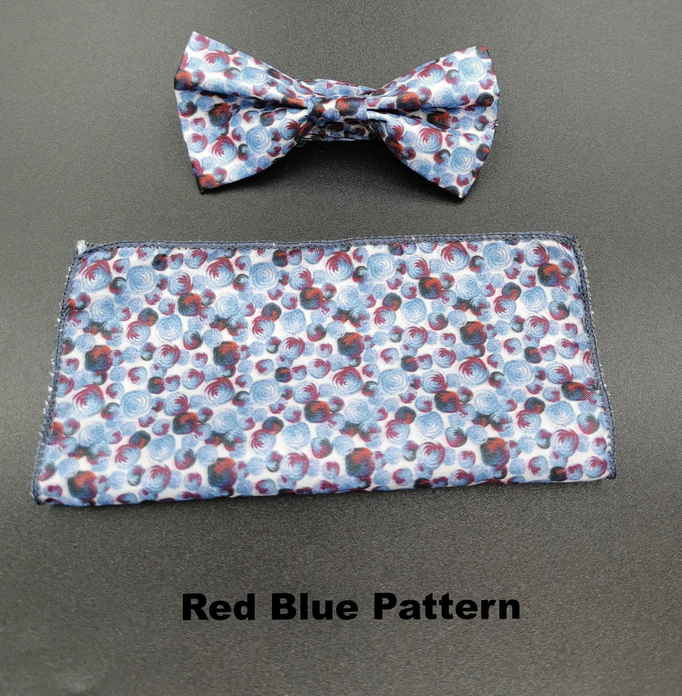 Benetti Boys Bow and Pocket Square-Red Blue Pattern