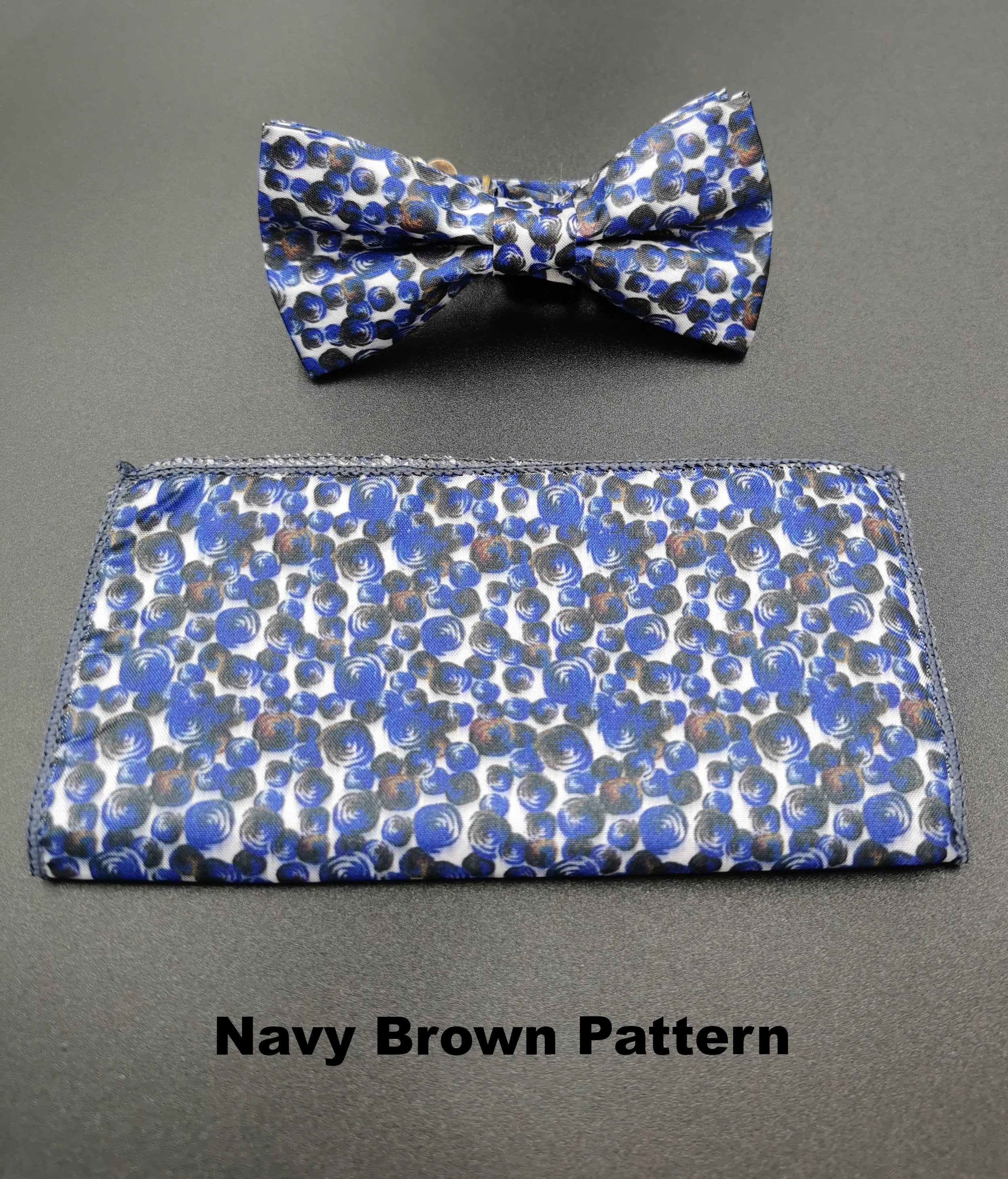 Benetti Boys Bow and Pocket Square-Navy Brown Pattern