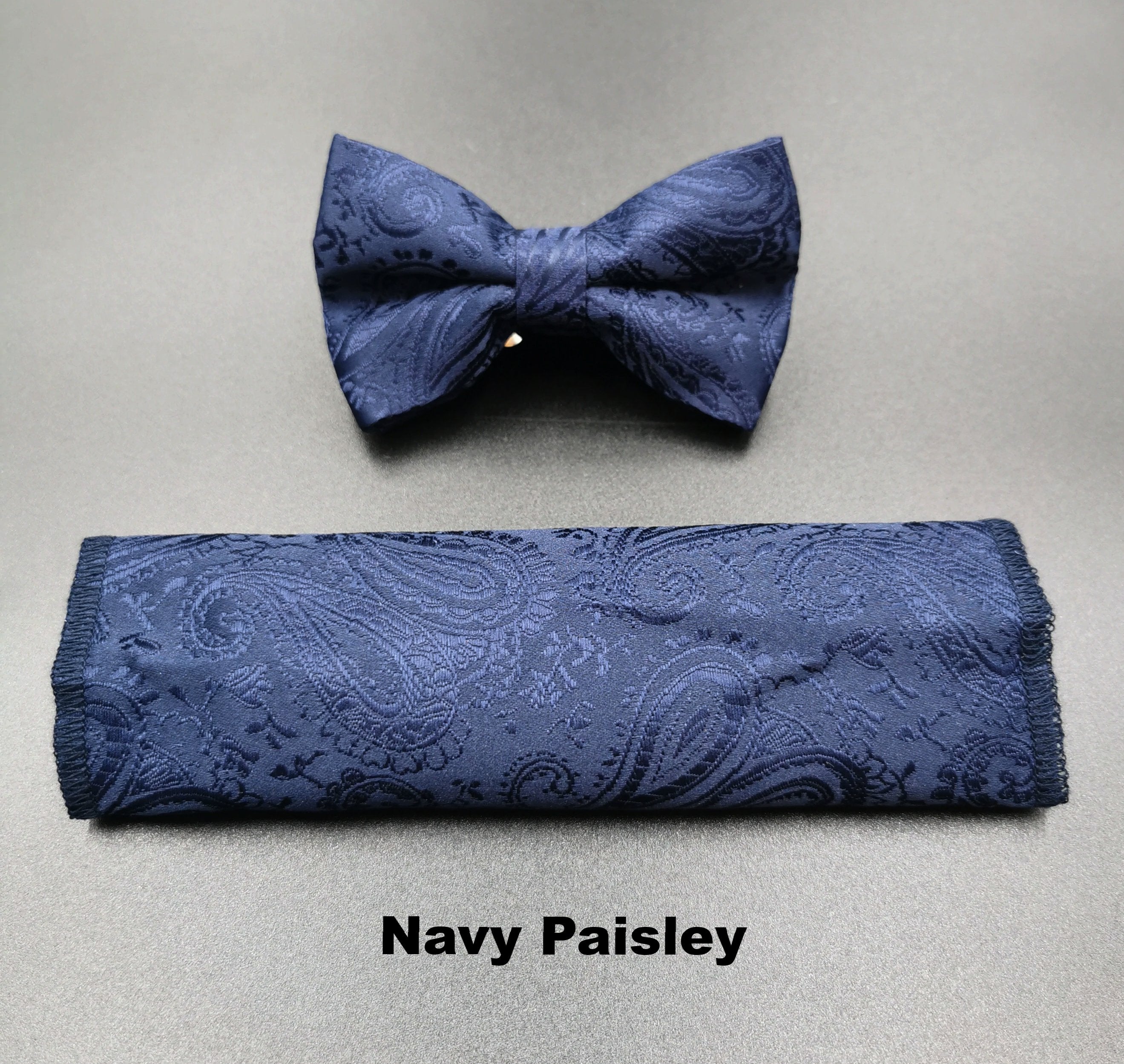 Benetti Boys Bow and Pocket Square-Navy Paisley