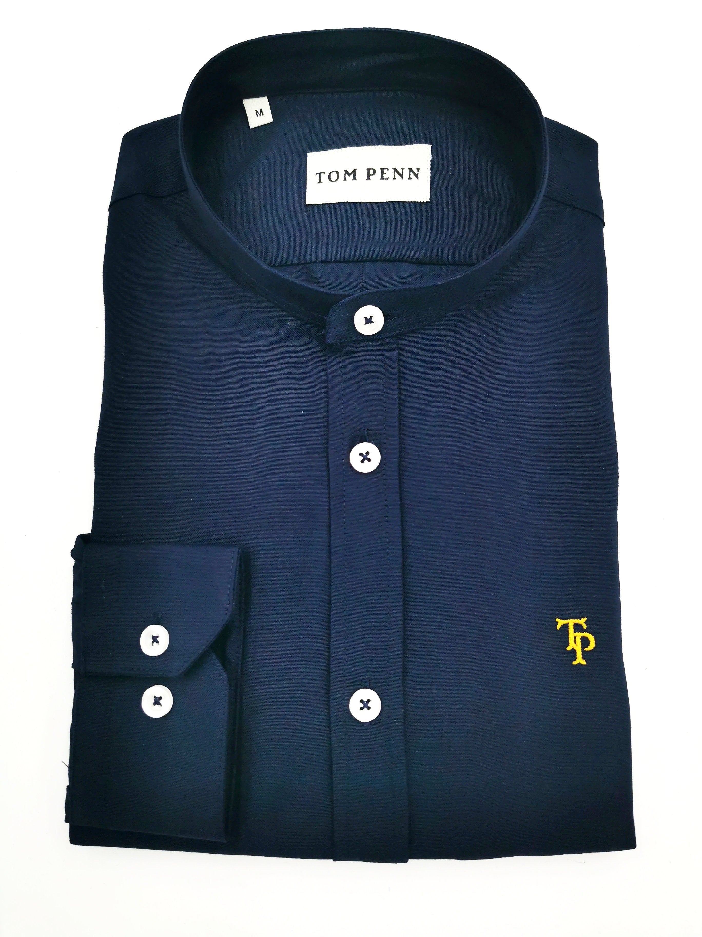 Navy Tom Penn grandfather collar shirt front view