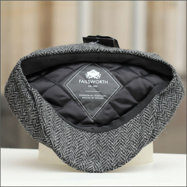 FAILSWORTH Carloway Harris Tweed 8 Piece Grey Flat Cap Grey back view
