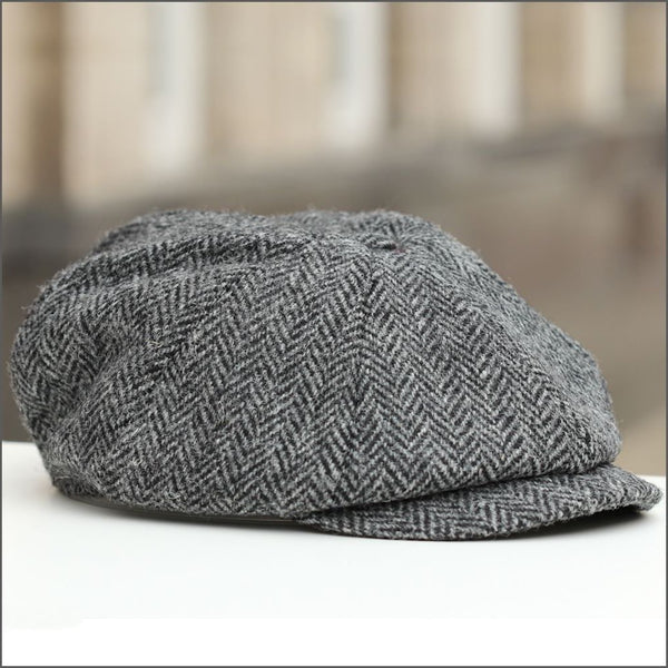 Men's Carloway Harris Tweed 8 Piece Grey Flat Cap-Right Side View