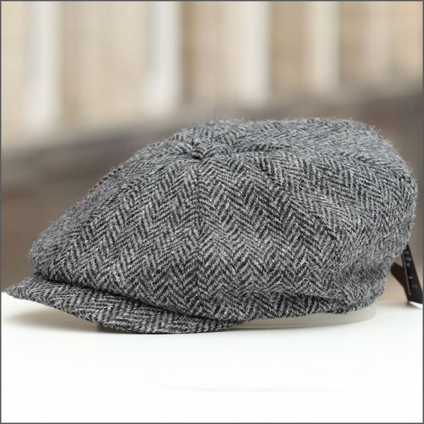 Men's Carloway Harris Tweed 8 Piece Grey Flat Cap-Left Side View