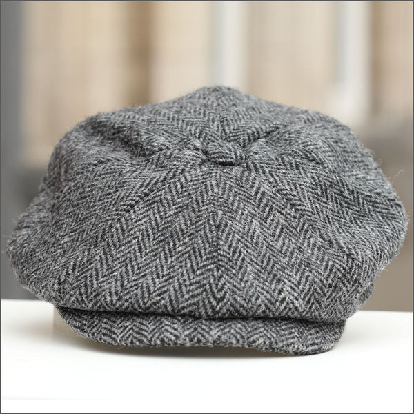 FAILSWORTH Carloway Harris Tweed 8 Piece Grey Flat Cap Grey model front view