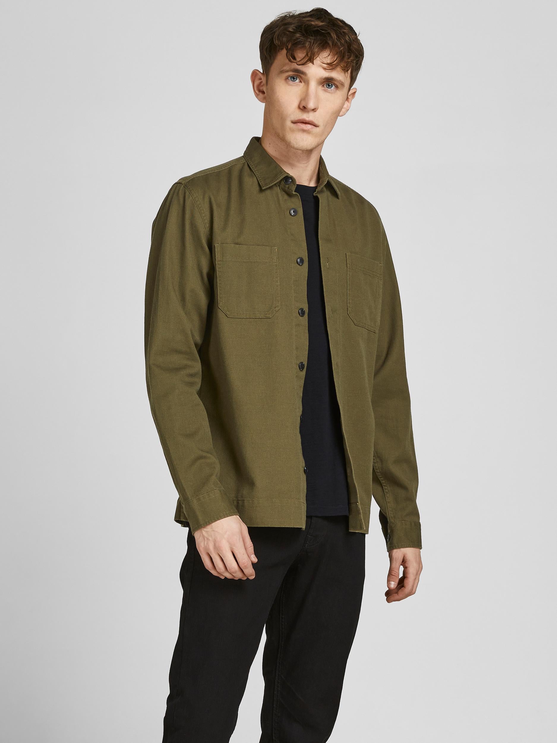 Logan Linen Overshirt L/S Olive Night - Model Front View