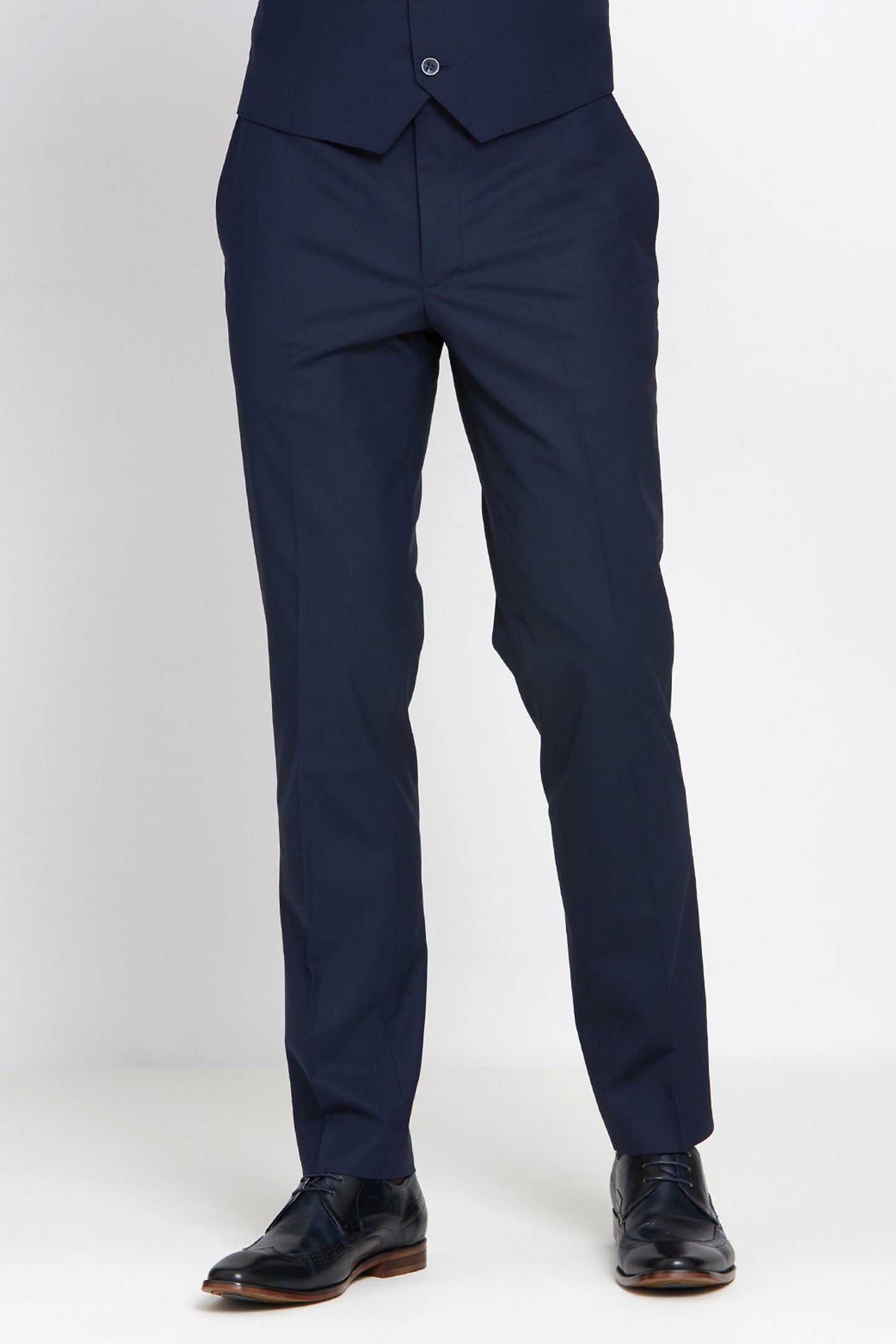 Front view of Jonny navy tapered suit trousers