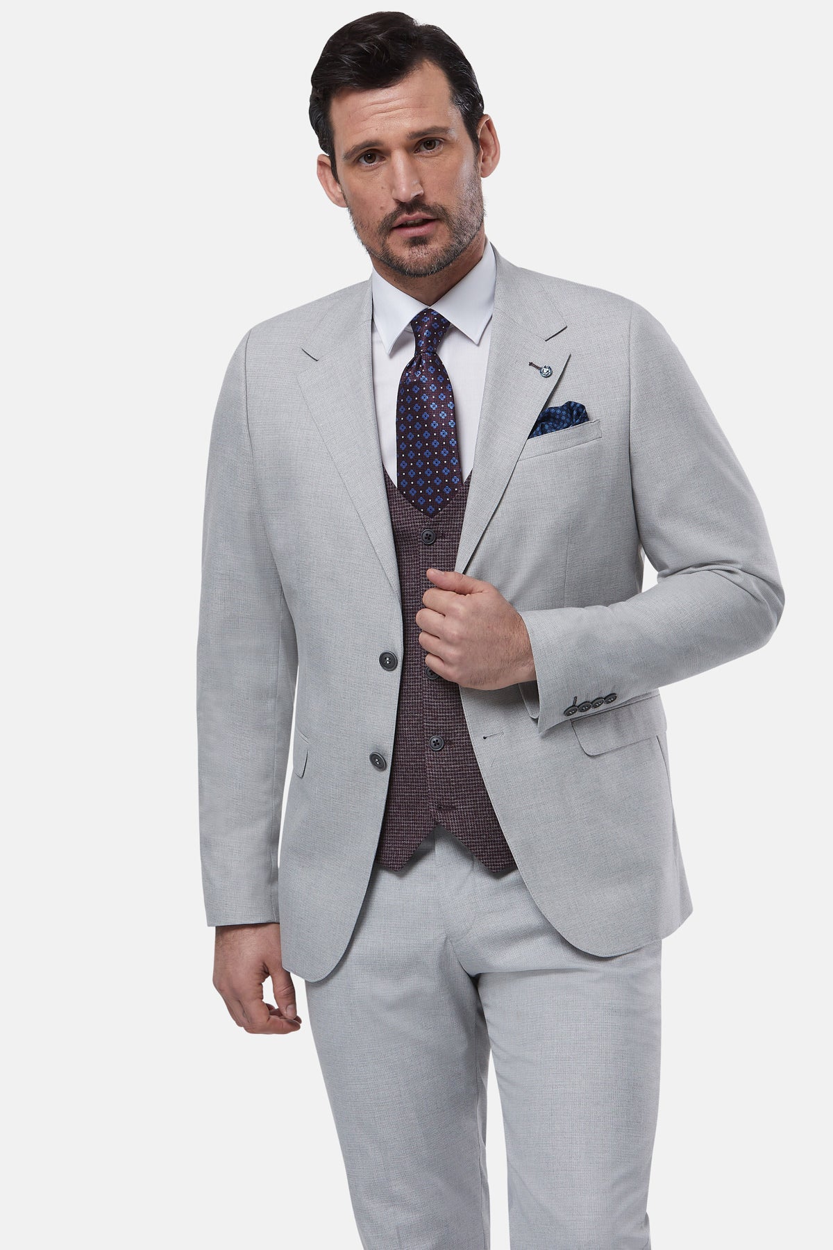 BENETTI London Silver 3 Piece Suit SILVER model front view