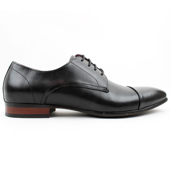 Angled view of men's black toe cap dress shoe