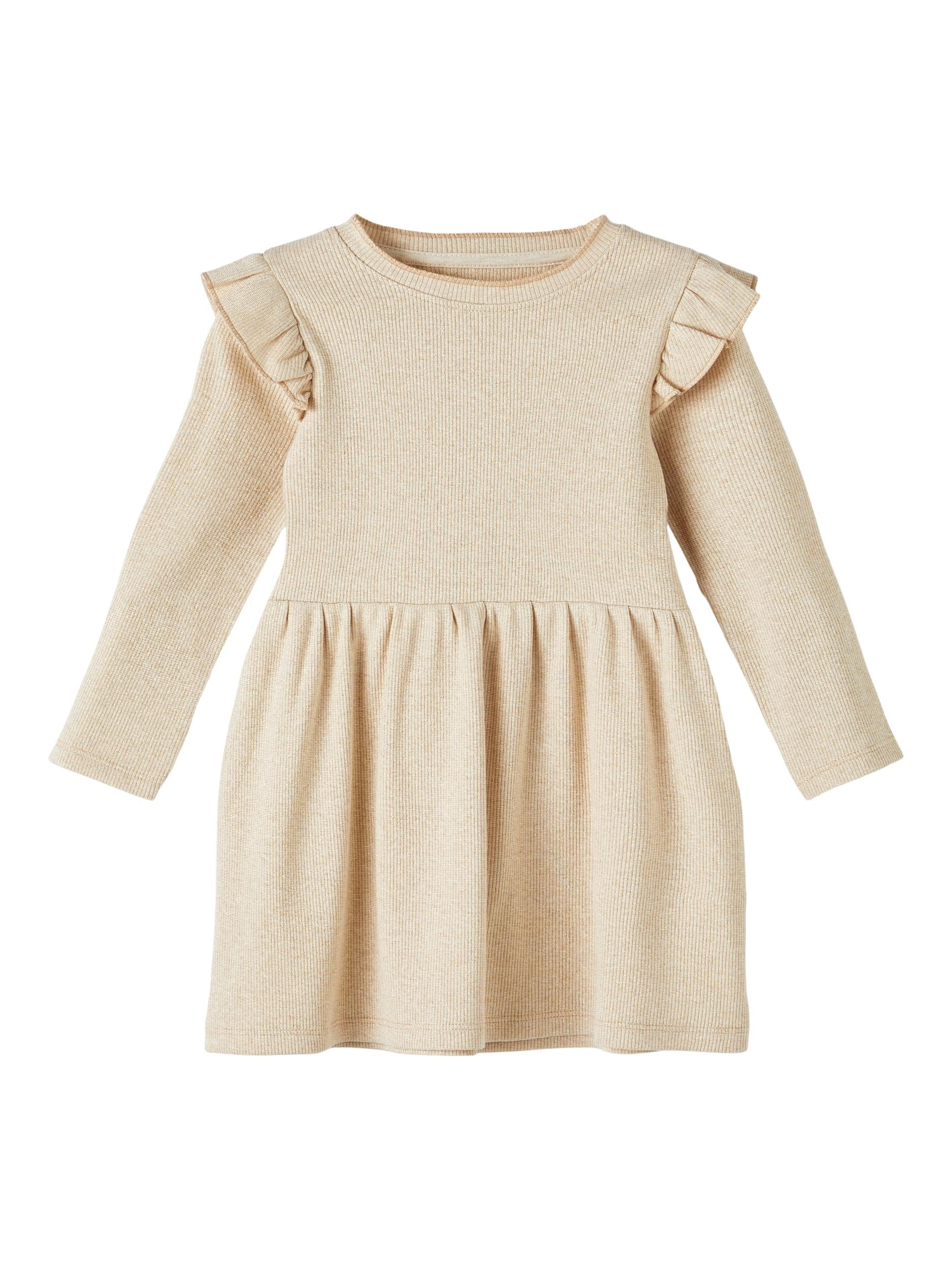 Girl's Beige Siclo Long Sleeve Glitter Dress-Front View