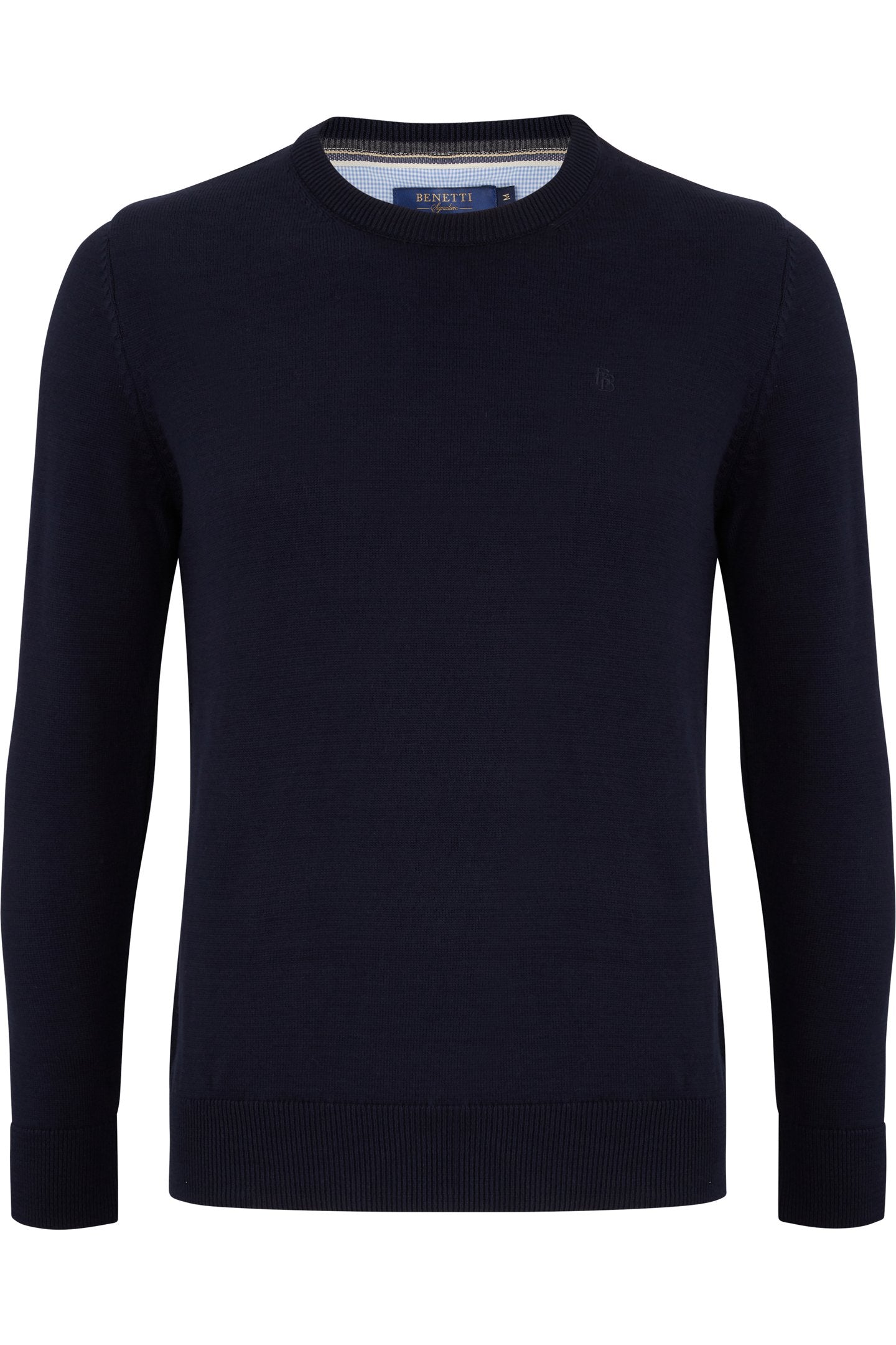 Benetti crew neck navy jumper front view