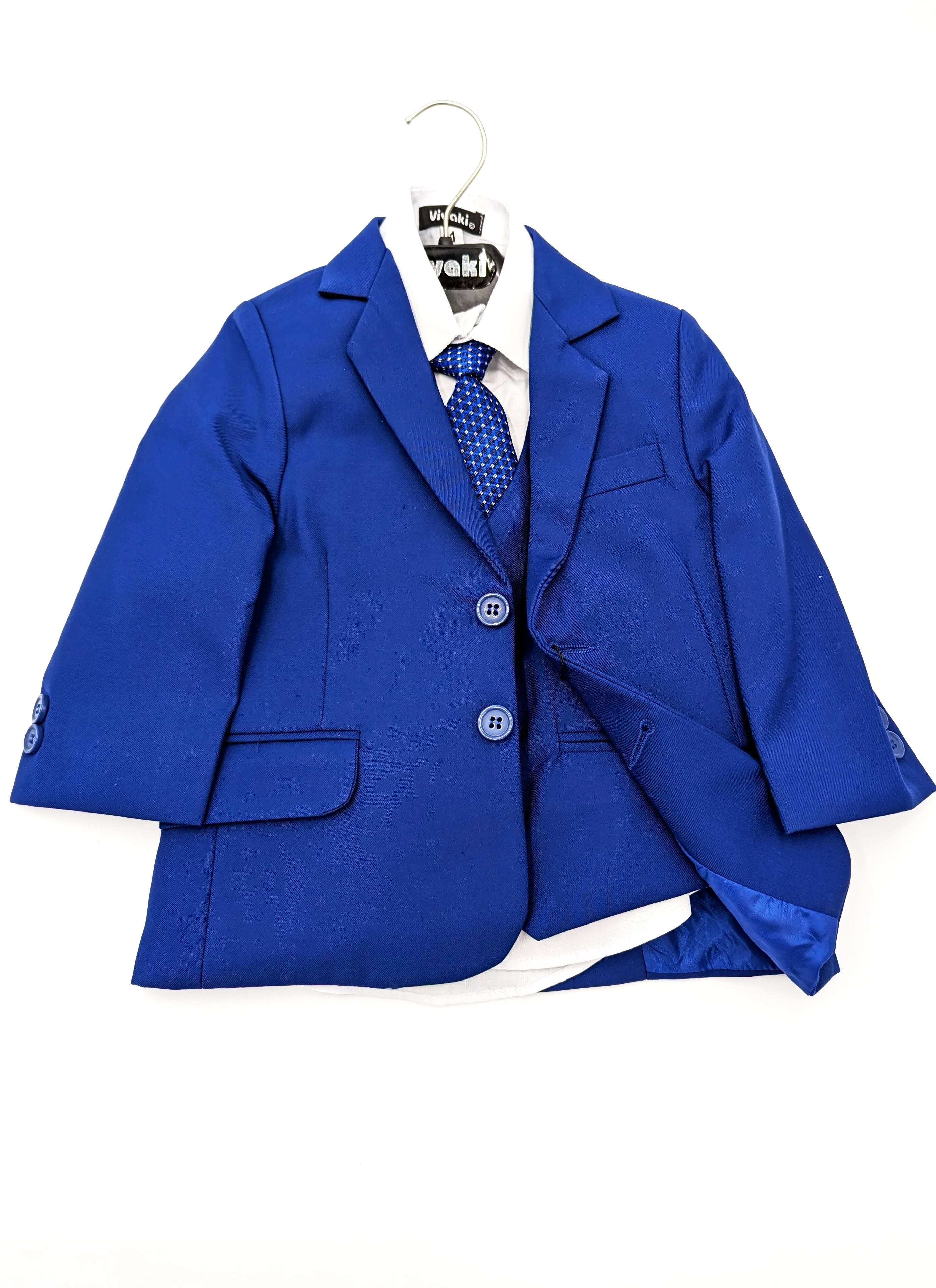 Front view of the Vivaki boys blue 5 piece suit