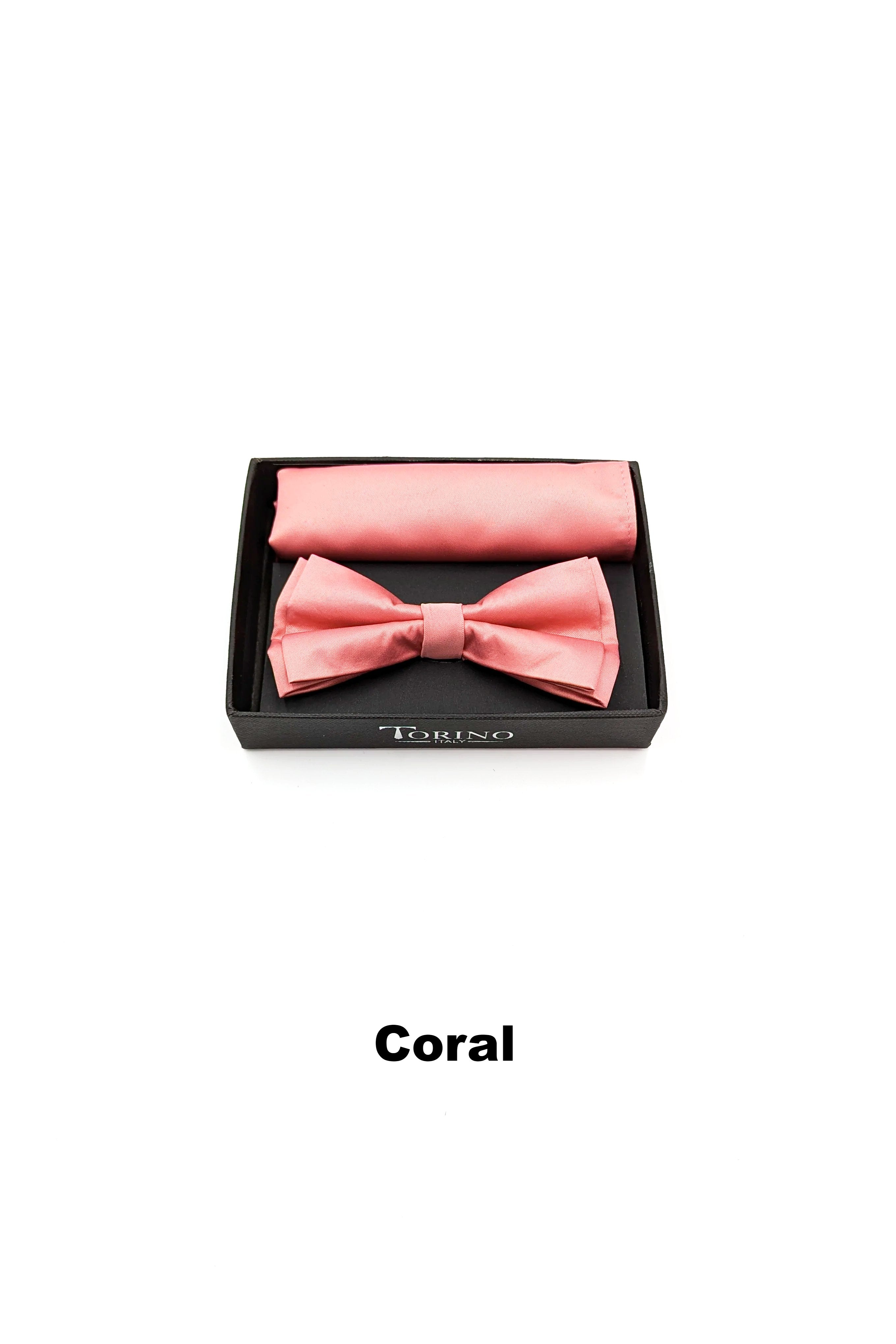 Satin Mens Coral Bow and Pocket Square