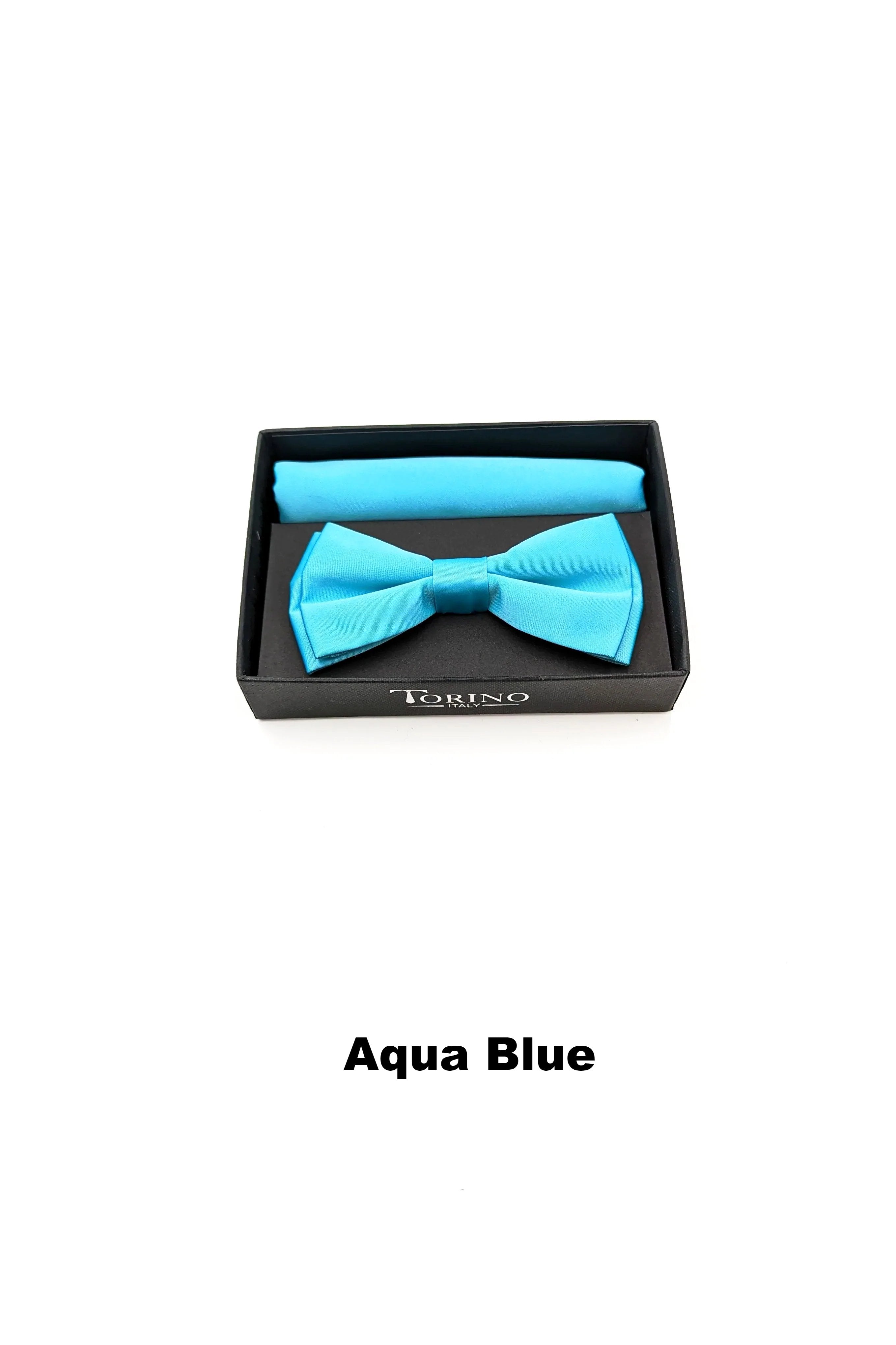 TORINO Satin Mens Bow and Pocket Square Aqua Blue front view