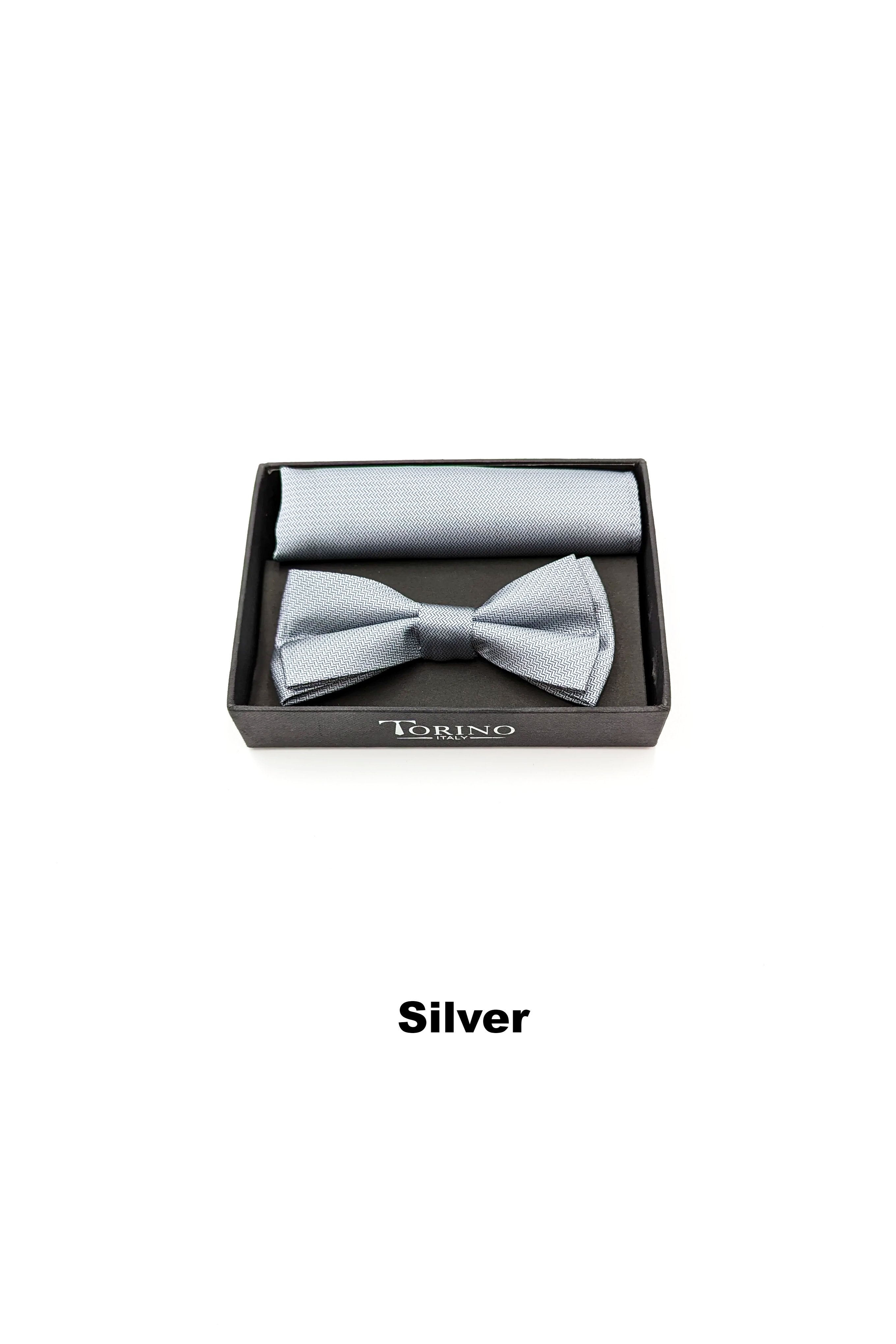 Satin Mens Silver Bow and Pocket Square
