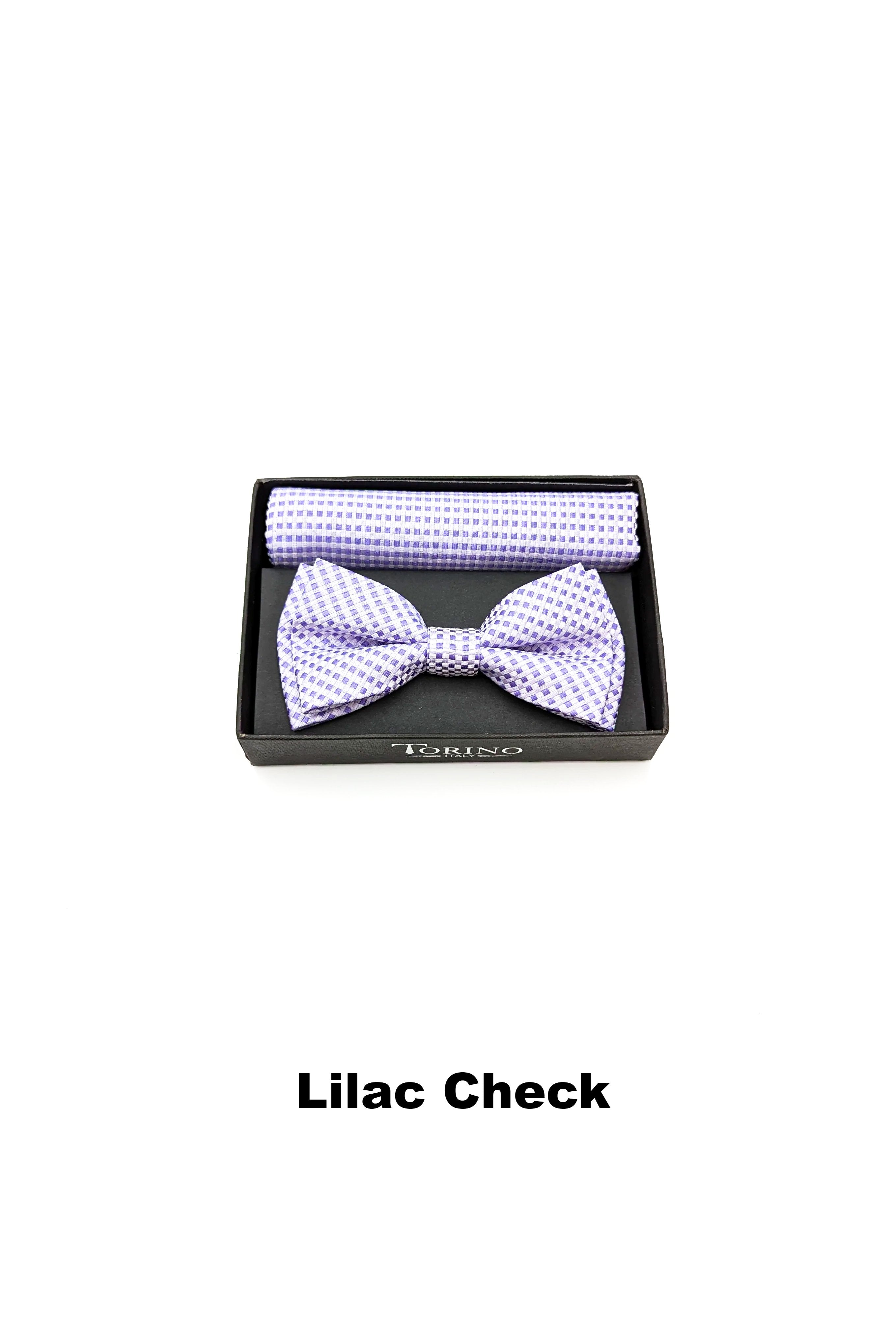 Textured mens lilac check bow tie and pocket square