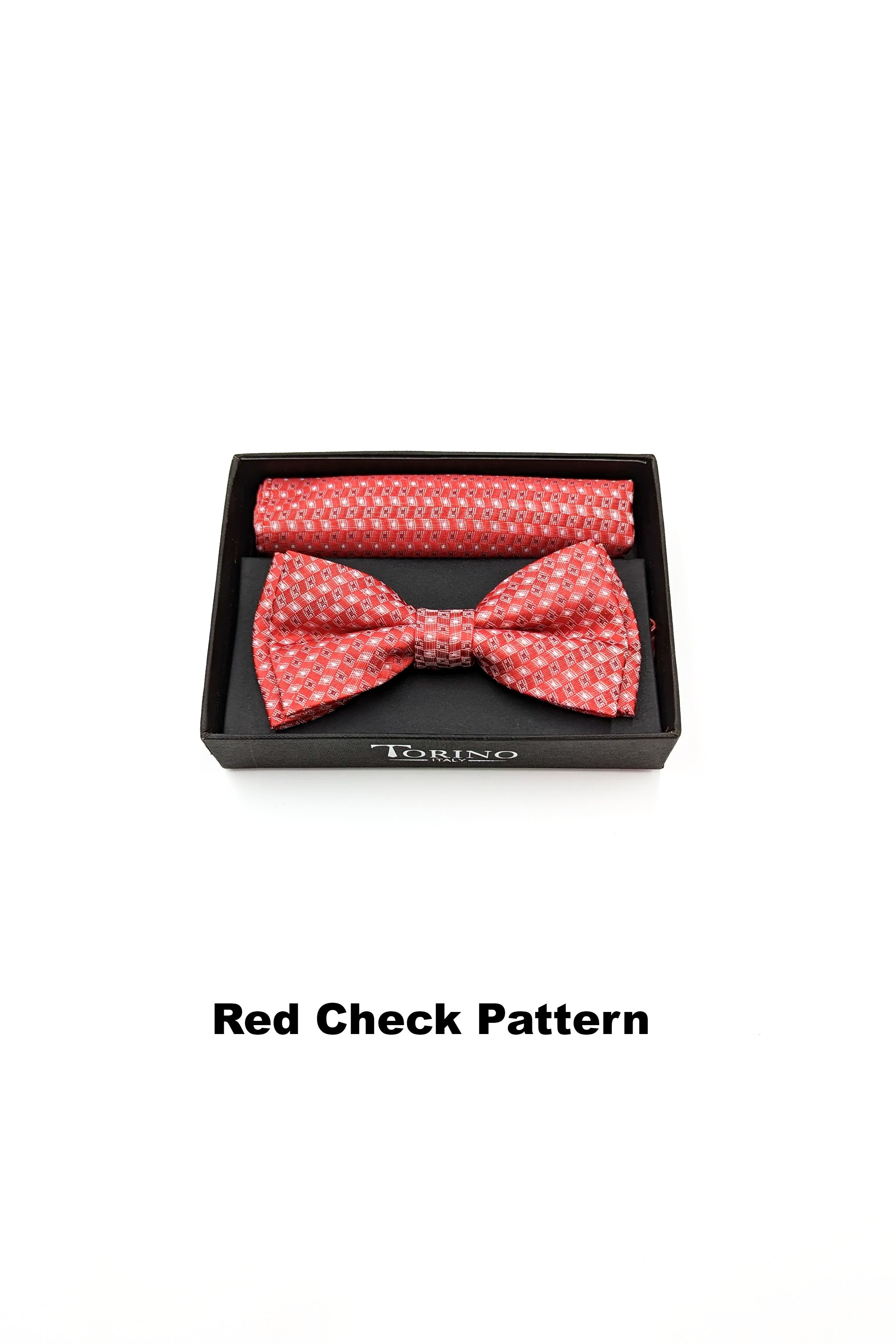 Textured mens red check pattern bow and pocket square