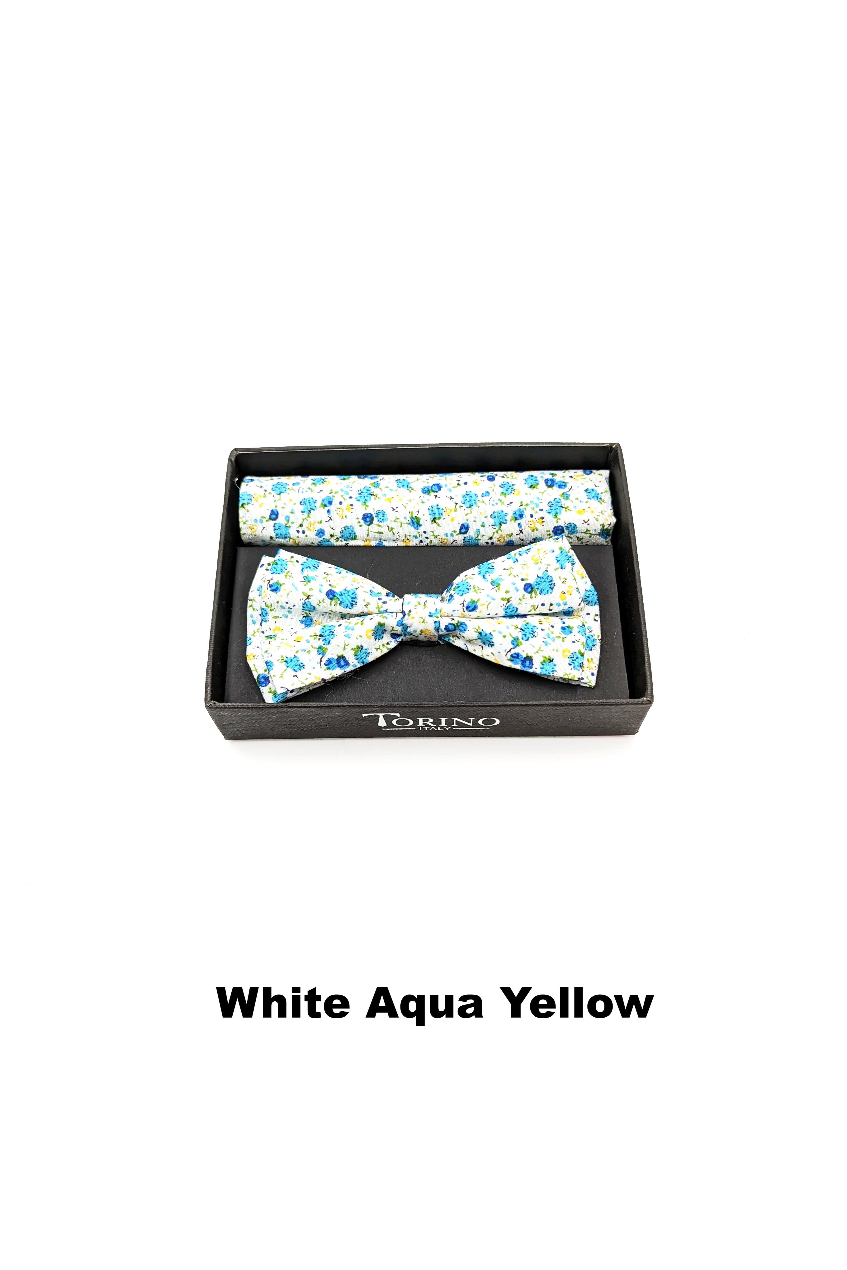 TORINO Floral Mens Bow and Pocket Square Navy White Red side view