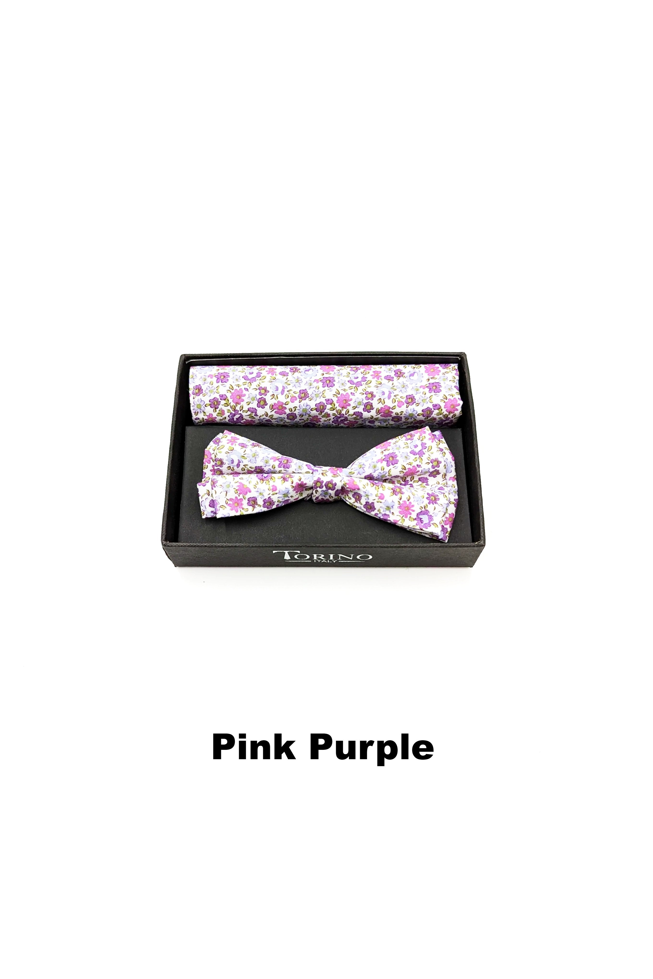 TORINO Floral Mens Bow and Pocket Square White Aqua Yellow front view