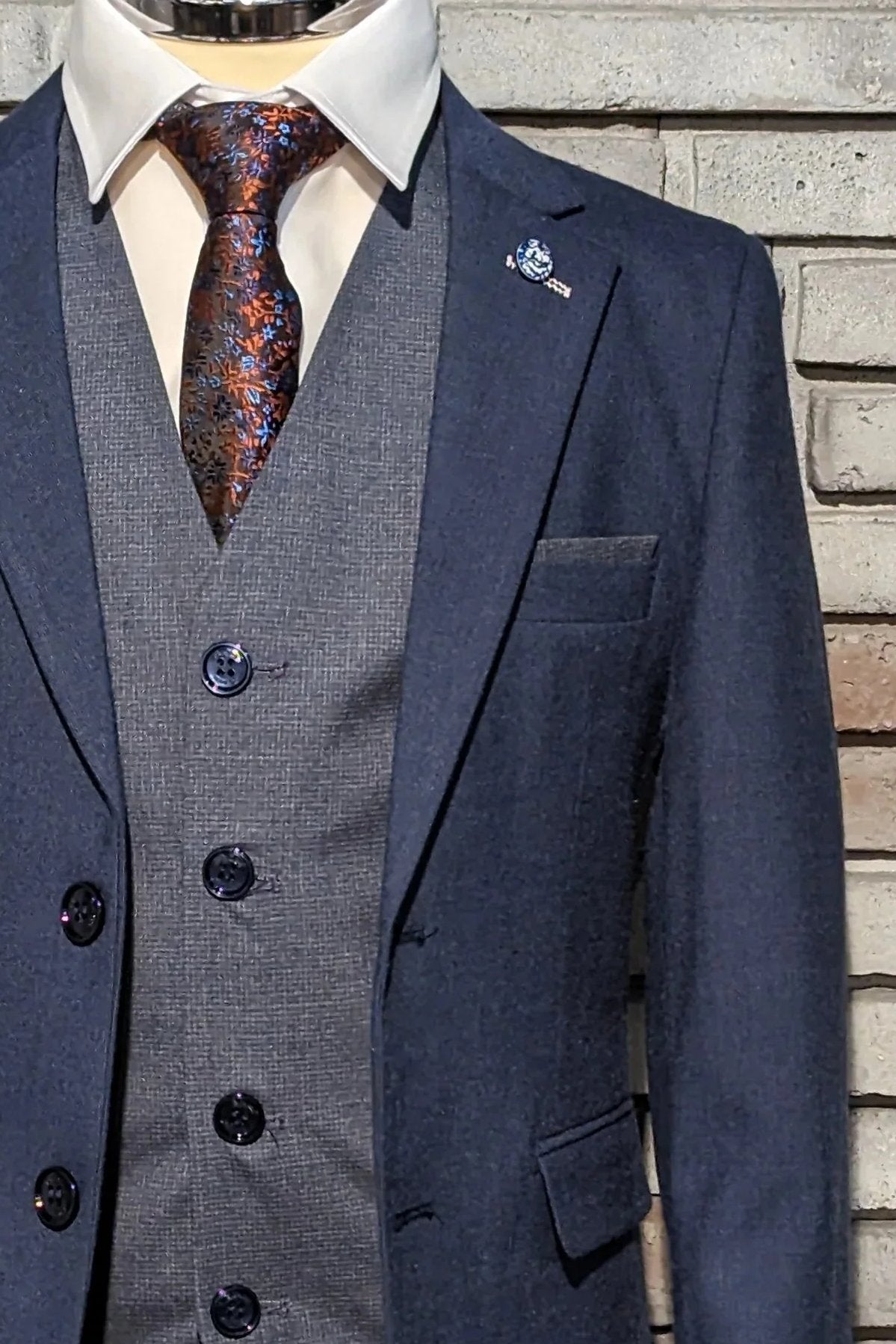 Boys Ronnie Indigo 3 Piece Suit-Waistcoat and lapel detail