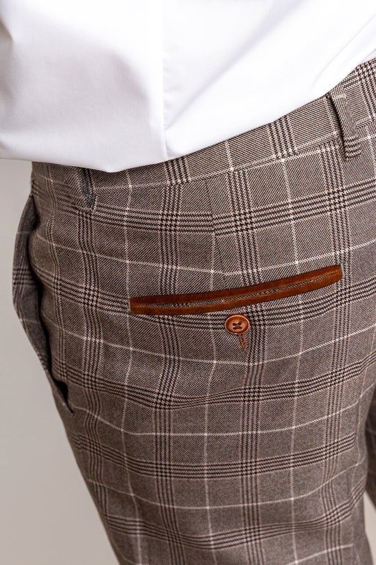 MARC DARCY Ray Tan Check Tapered Fit Trousers TAN detail view