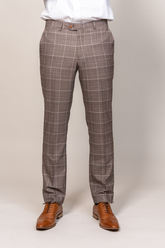 Men's Ray Tan Check Tapered Fit Trousers-Front View