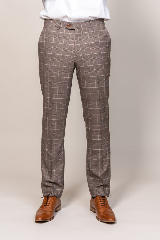 MARC DARCY Ray Tan Check Tapered Fit Trousers TAN front view