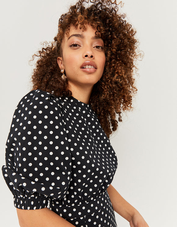 Tally Weijl Polka Dot Print Puff Sleeve Mini Dress BLACK BLUE detail view