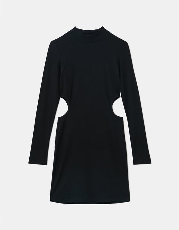Ladies Black Cut Out Ribbed Mini Dress-Ghost Front View