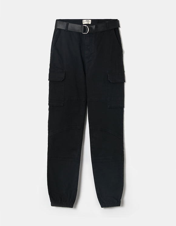 Ladies High Waist Black Cargo Trousers-Front View
