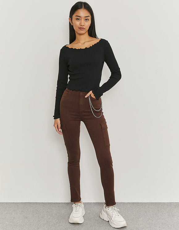Ladies Skinny Brown Cargo Pants-Model Front View