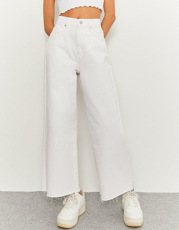 White High Waist Wide Leg Trousers - Model Front View