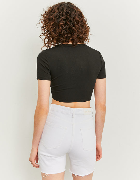 High Waist Denim Bermuda Shorts - Model Rear View