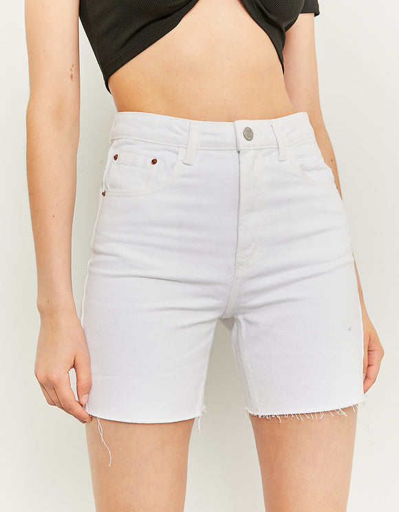 High Waist Denim Bermuda Shorts - Model Close Up View