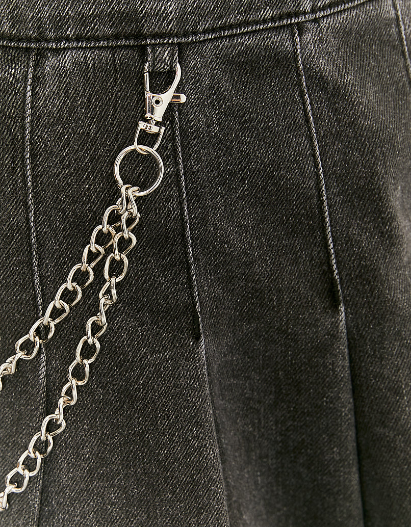 Ladies High Waist Black Denim Skirt-Close Up View
