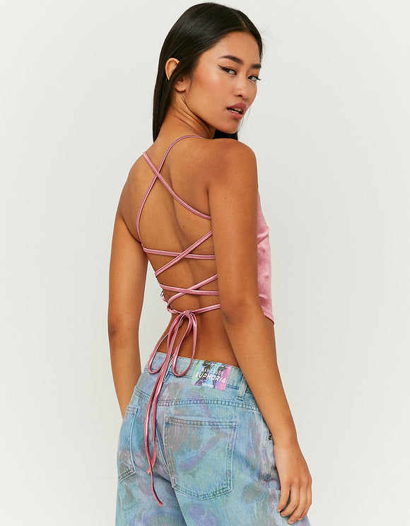 Ladies Cropped Pink Satin Top-Back View