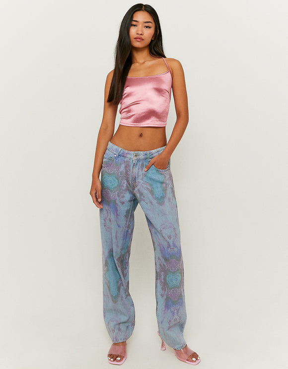 Ladies Cropped Pink Satin Top-Model Front View