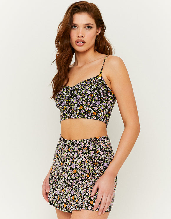 Black Floral Crop Top - Model Front View